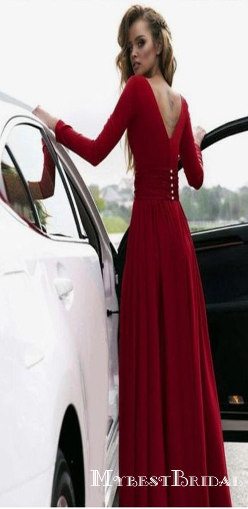 Long Sleeves Dark Red,V Neck Prom Dress ...